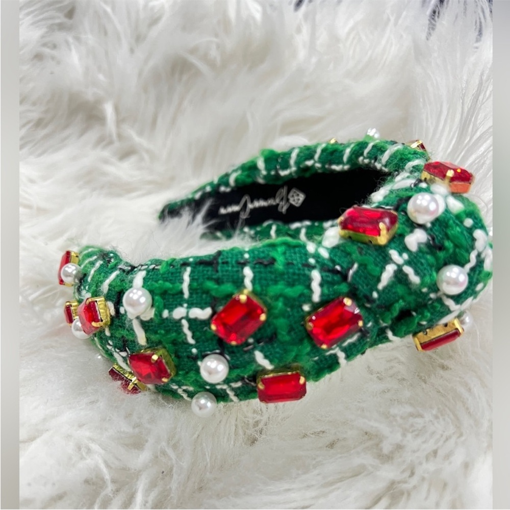 Brianna Cannon GREEN & WHITE KNIT WINTER HEADBAND WITH CRYSTALS & PEARLS